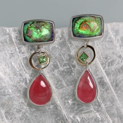 Opal, Tsavorite & Rhodochrosite Earrings