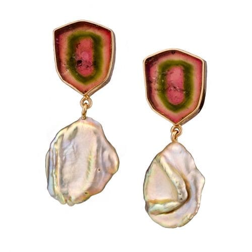 Watermelon Tourmaline & Glowworm Pearl Pearl Earrings