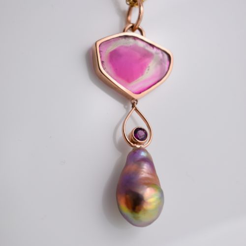 Watermelon Tourmaline, Garnet, Fresh Water Pearl Pendant
