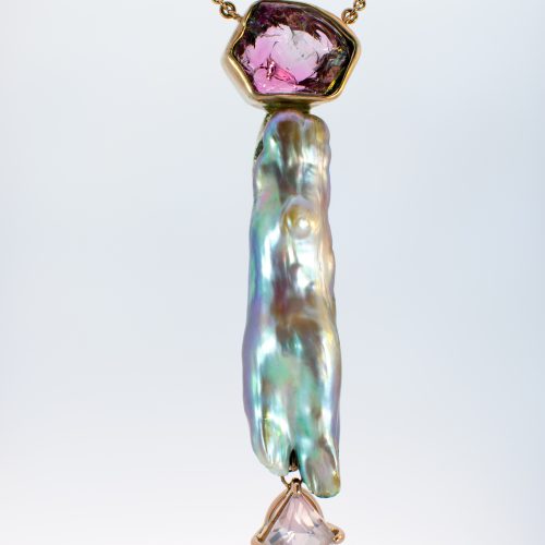 "Lady Winter Series" Red Pine in Snow, Raw Pink Tourmaline Crystal, Keshi Pearl, Kite Rose Quartz set in 14k Rose Gold, Sterling. 16.5” Long