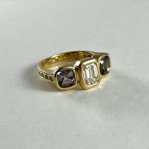 Natural Emerald Cut Diamond & Spinel Ring