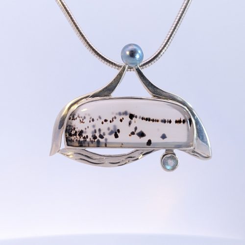 Montana Agate, Moonstone, Akoya Blue Pearl Pendant