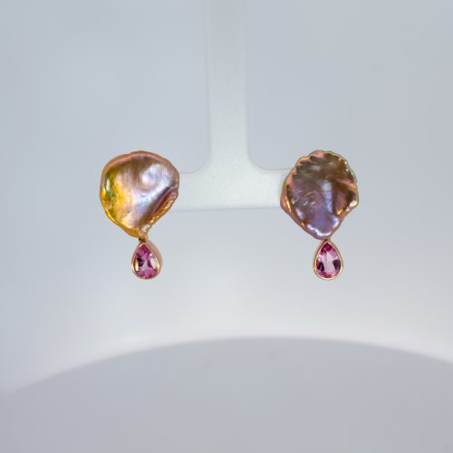 Rare Bronze Color Fresh Water Pearl & Pink Spinel Earrings