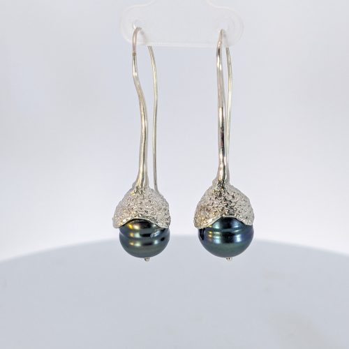 Wave Action Series, Black Tahitian Pearl Acorn top earrings